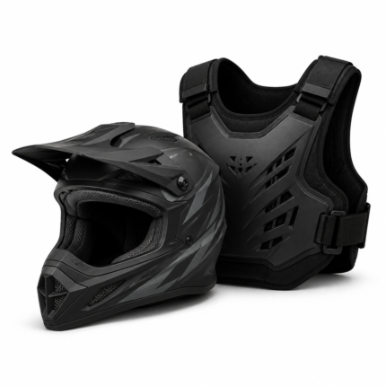 Accesorios de moto y quad: casco y protección sobre fondo blanco