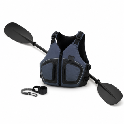 Accesorios de náutica y kayak: chaleco y remo sobre fondo blanco